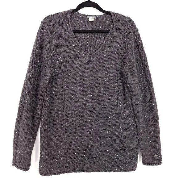 Cabelas Sweater Chunky Knit Womens Large Pullover Dark Gray Swiss Dot V-Neck - Picture 1 of 10